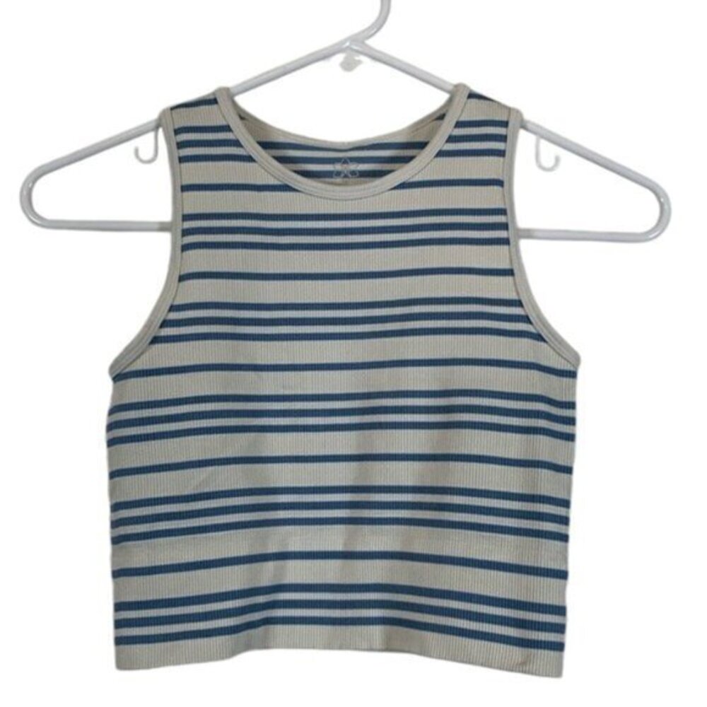 AURA White Blue Stripe Tank Top Ribbed Cropped Size S/M EUC #VEG-0130